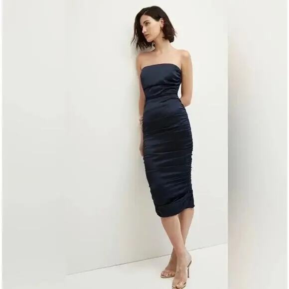 Veronica Beard Navy Kupa Strapless Ruched Silk Dress, Wedding Guest, size 2 - Picture 1 of 11